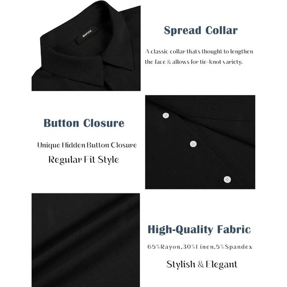 Men's Black Linen Short Sleeve Button Down Casual Shirt Business Dress - Picture 5 of 6